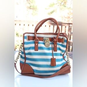 Michael Kors Blue and Brown Striped Hamilton Satchel